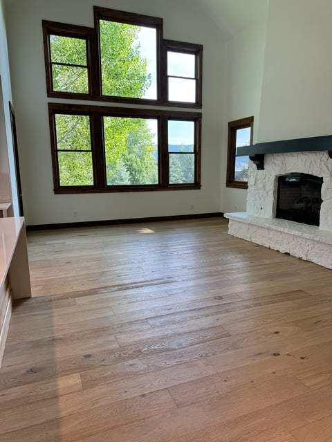 Empty room with light wood flooring, large windows with dark frames overlooking green trees, and a white fireplace with black insert on the right wall.