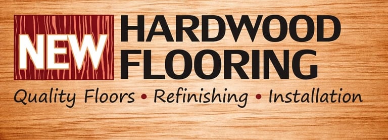 Hardwood flooring company banner featuring NEW logo, services including quality floors, refinishing, and installation